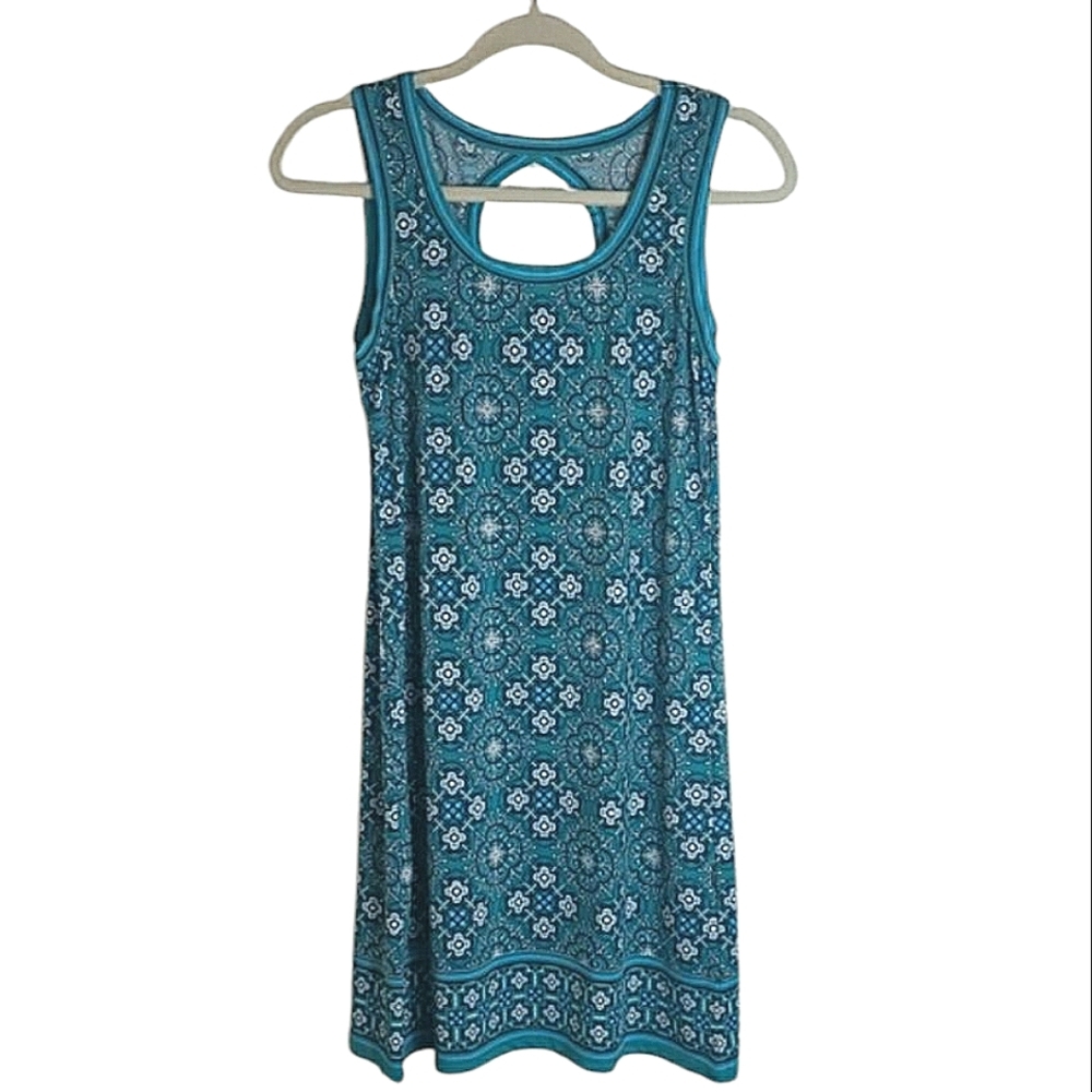 Max Studio Sleeveless Midi Dress Floral Blue White Stainglass Print Size XS